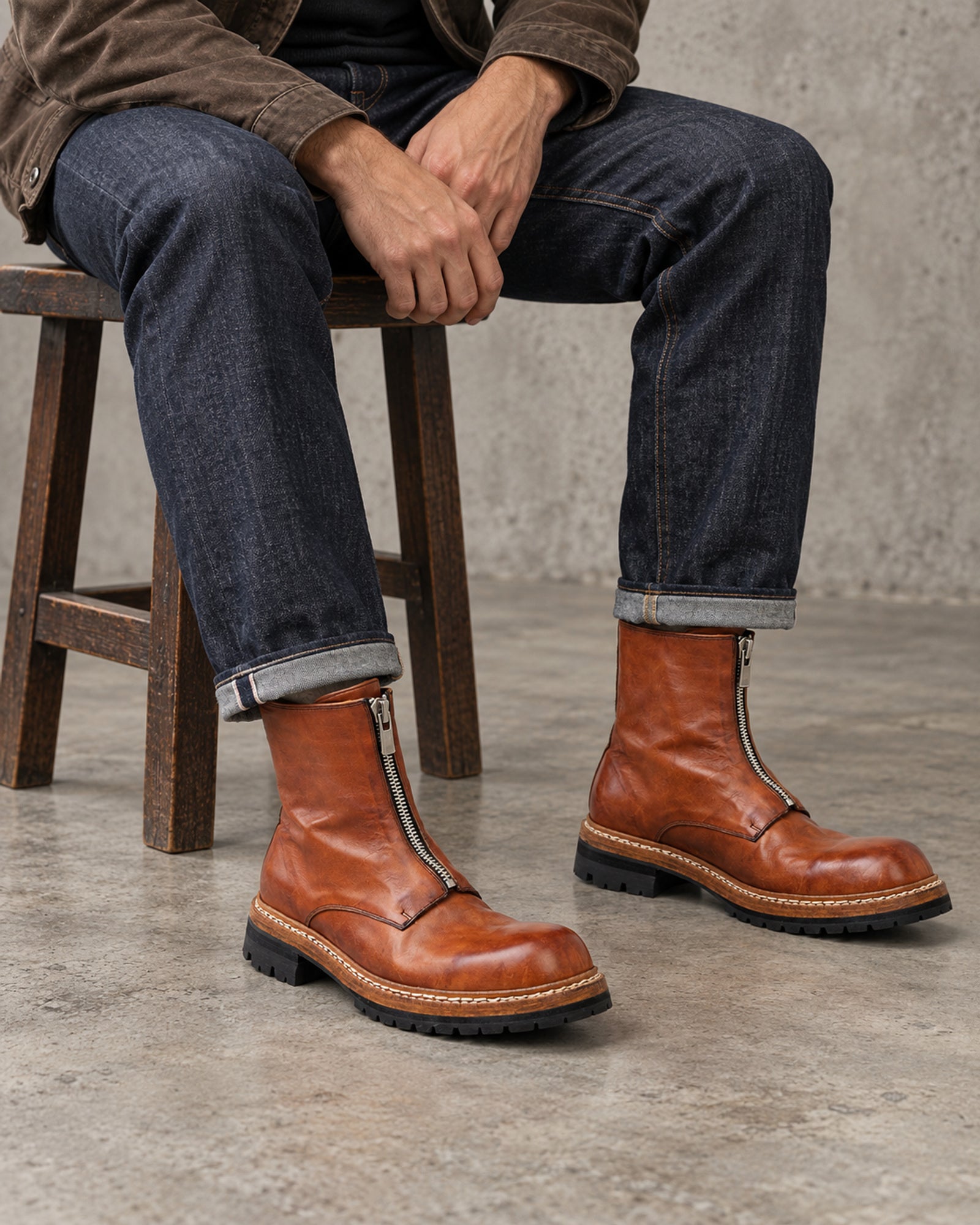 GR05 Coffee washed horsehide front-zip boots worn with indigo denim