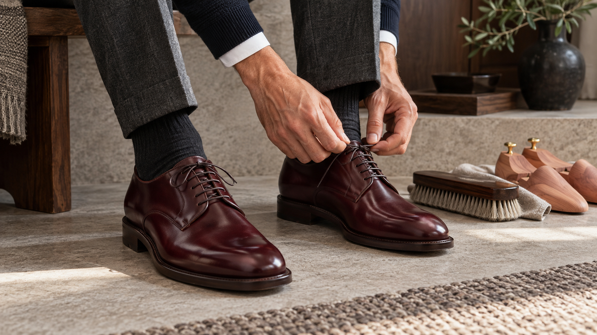 Man gently lacing burgundy Shell Cordovan Derby shoes beside a horsehair brush and shoe trees