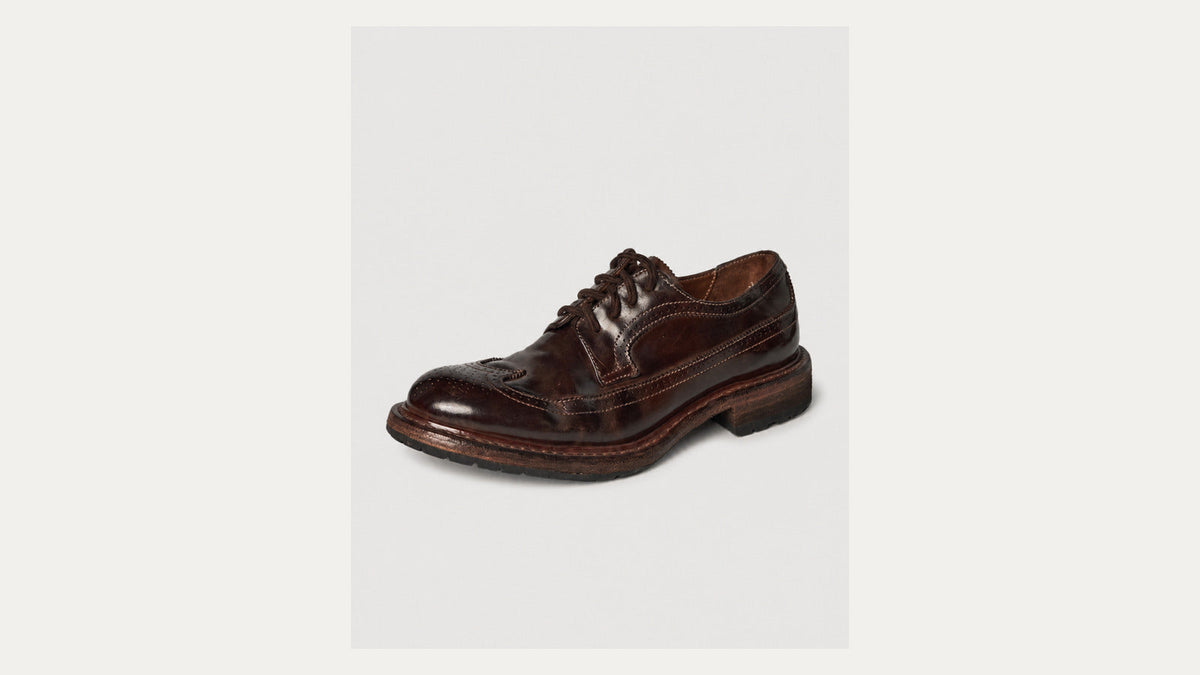 Burgundy Shell Cordovan Derby shoe used in a horsehide Derby lacing guide