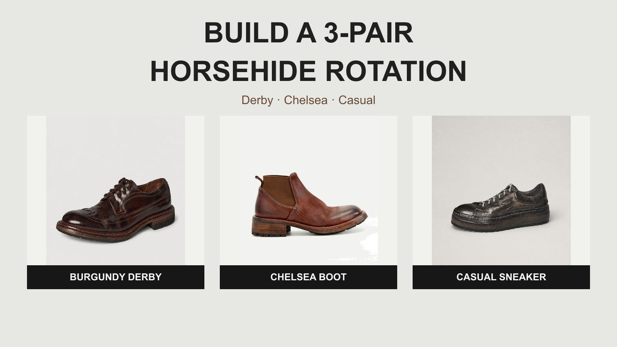 Three-pair horsehide shoe rotation with Shell Cordovan Derby, Chelsea boot, and washed horsehide sneaker