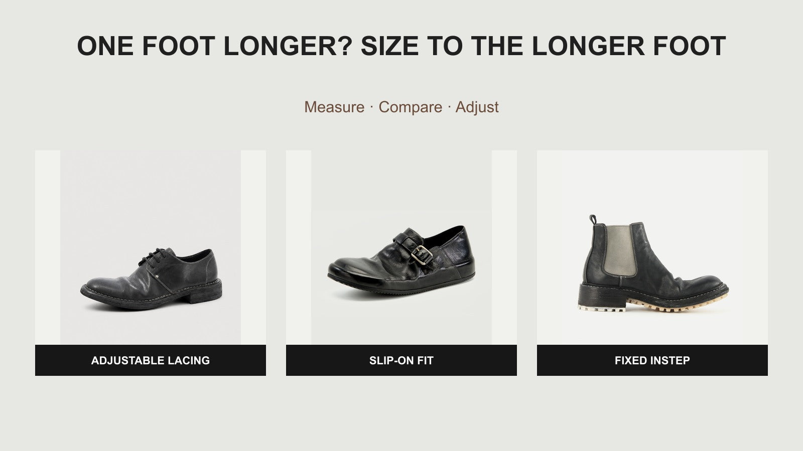 Washed horsehide Derby and buckle loafer with Shell Cordovan Chelsea boot compared for uneven foot sizing