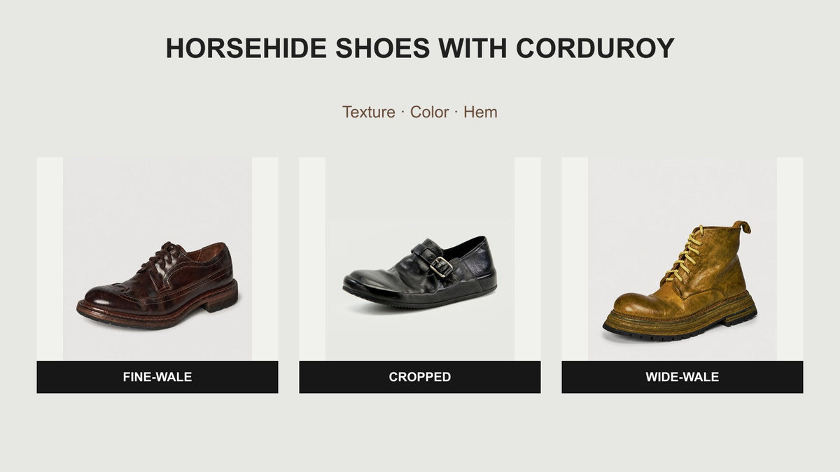 Shell Cordovan Derby, washed horsehide buckle loafer, and work boot paired by corduroy weight