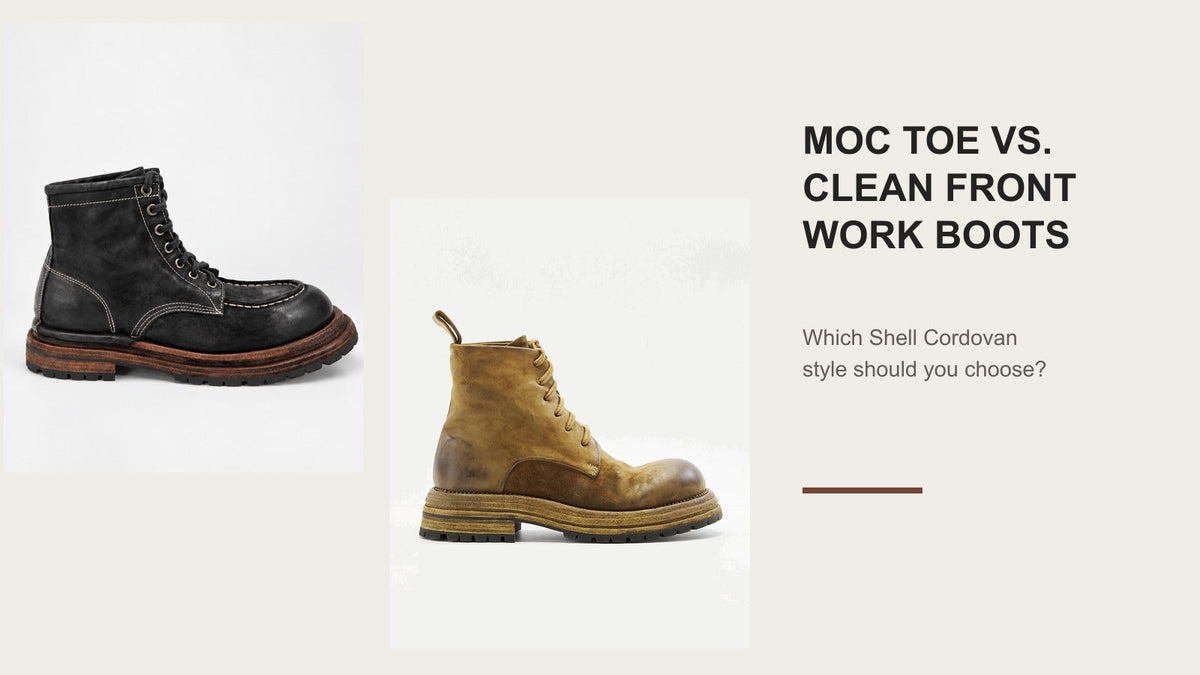 Moc-toe and clean-front Shell Cordovan work boots compared side by side
