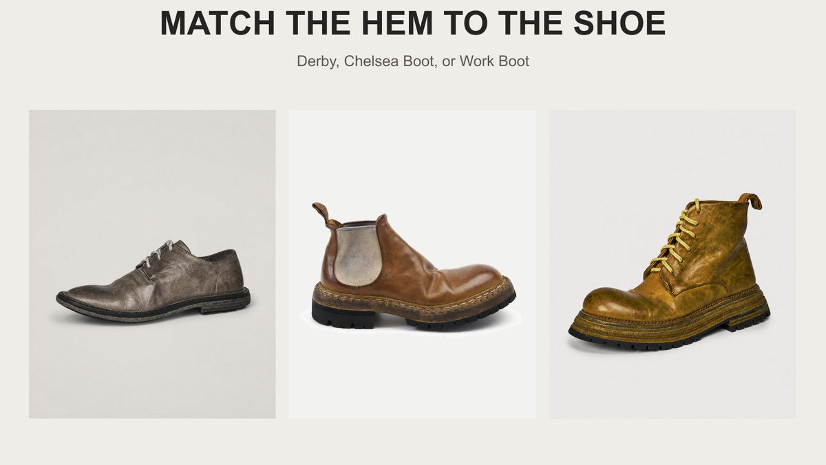 OrientC washed horsehide Derby, lug Chelsea boot, and work boot compared for trouser-hem styling