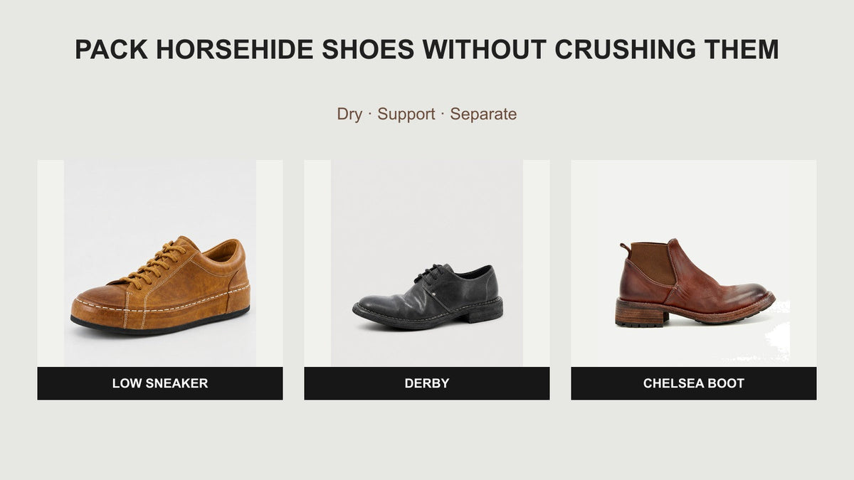 Washed horsehide sneaker and Derby with Shell Cordovan Chelsea boot for travel packing