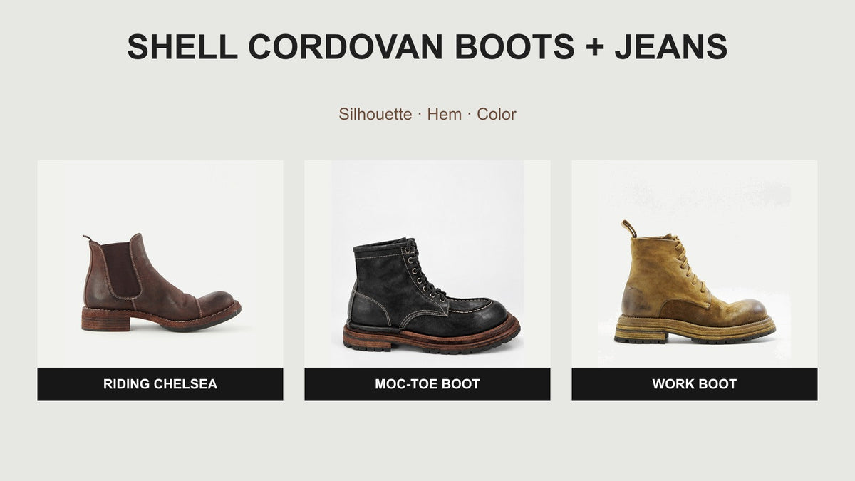 Three Shell Cordovan boot silhouettes styled for a jeans pairing guide