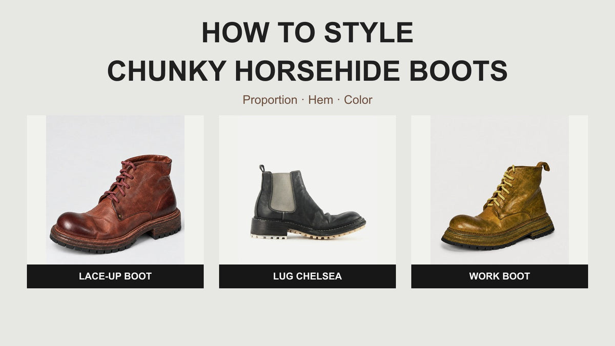 Three chunky horsehide boot styles with lace-up, Chelsea, and work boot silhouettes