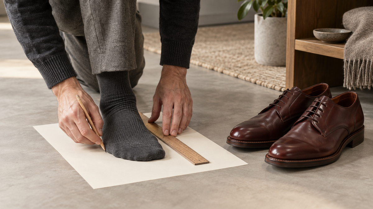 Man measuring his foot beside burgundy leather Derby shoes for a US men's shoe sizing guide