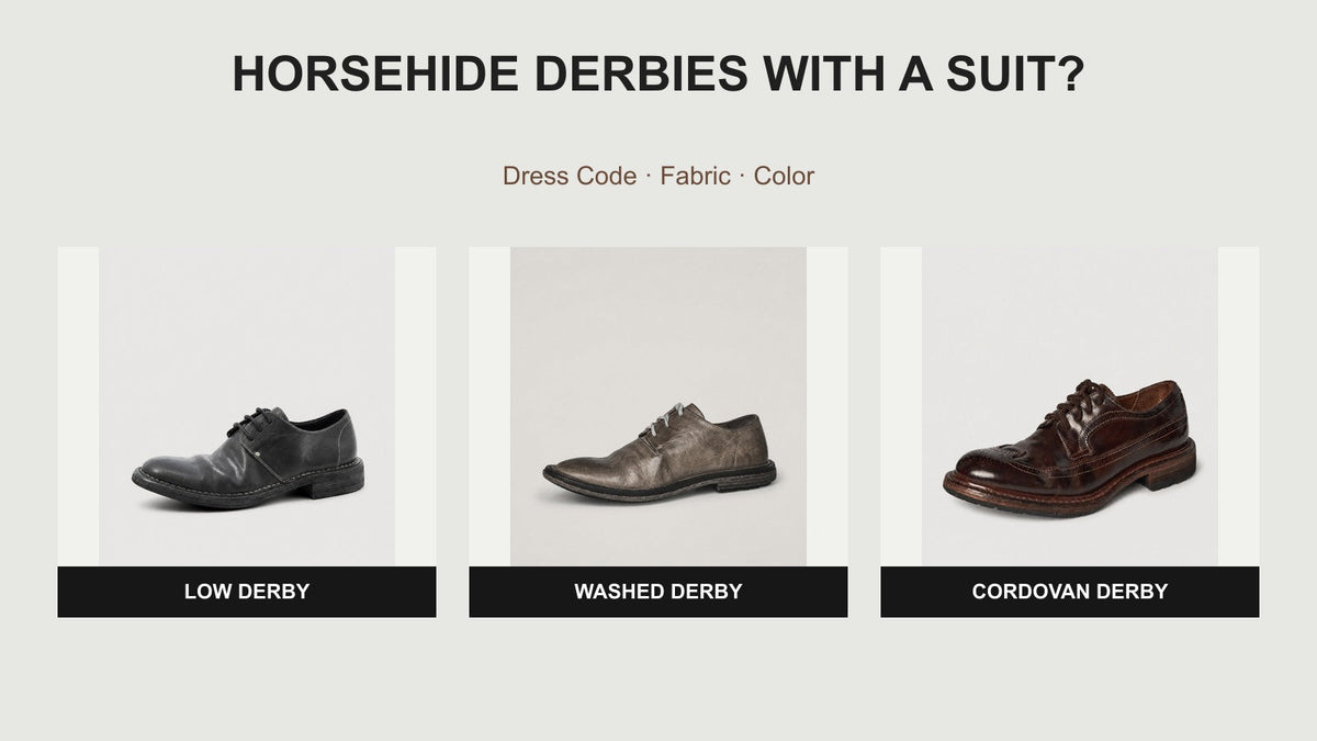 Three horsehide Derby shoe styles compared for wearing with a suit