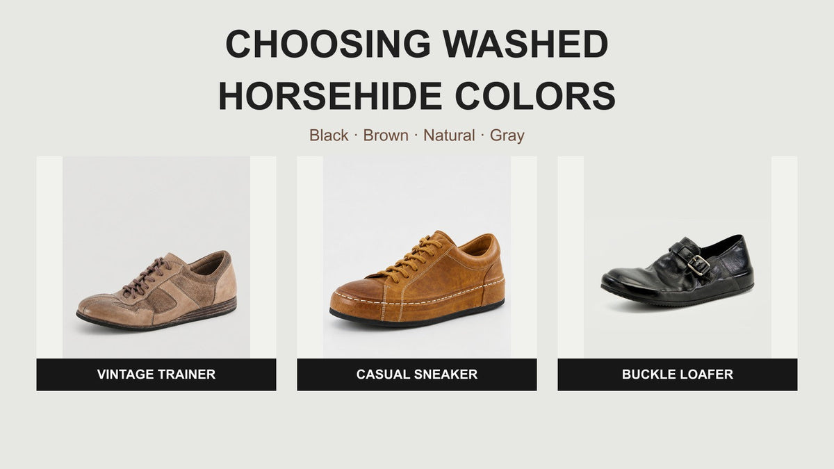 Washed horsehide trainer, sneaker, and buckle loafer color selection guide