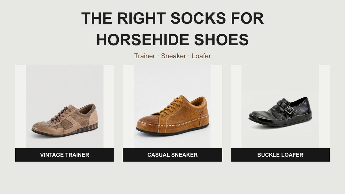 Sock guide for washed horsehide vintage trainer, casual sneaker, and buckle loafer
