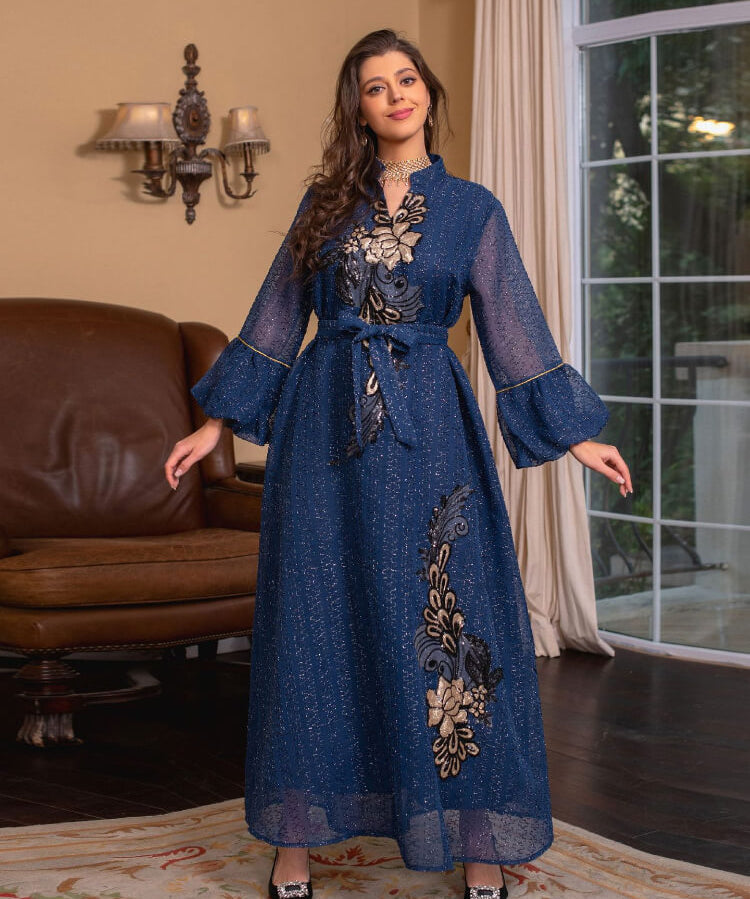 V-Neck Embroidered Long Sleeve Lace-Up Dress