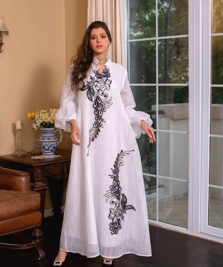 V-Neck Embroidered Long Sleeve Lace-Up Dress