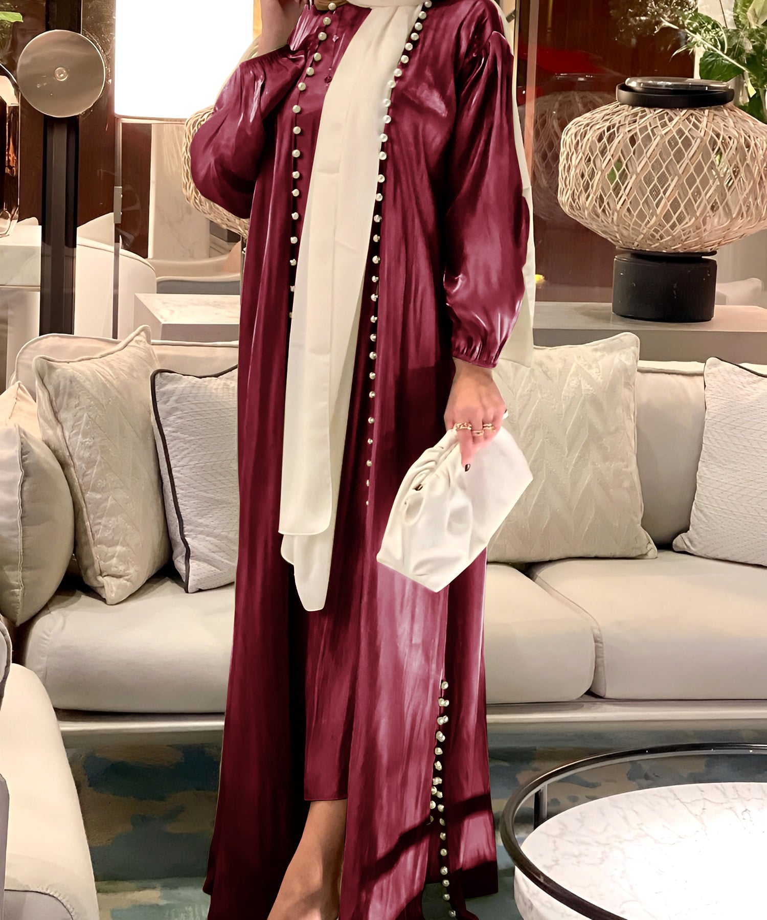 Bright Satin Beaded Solid Color Dress Set Two-Piece Set MQ048