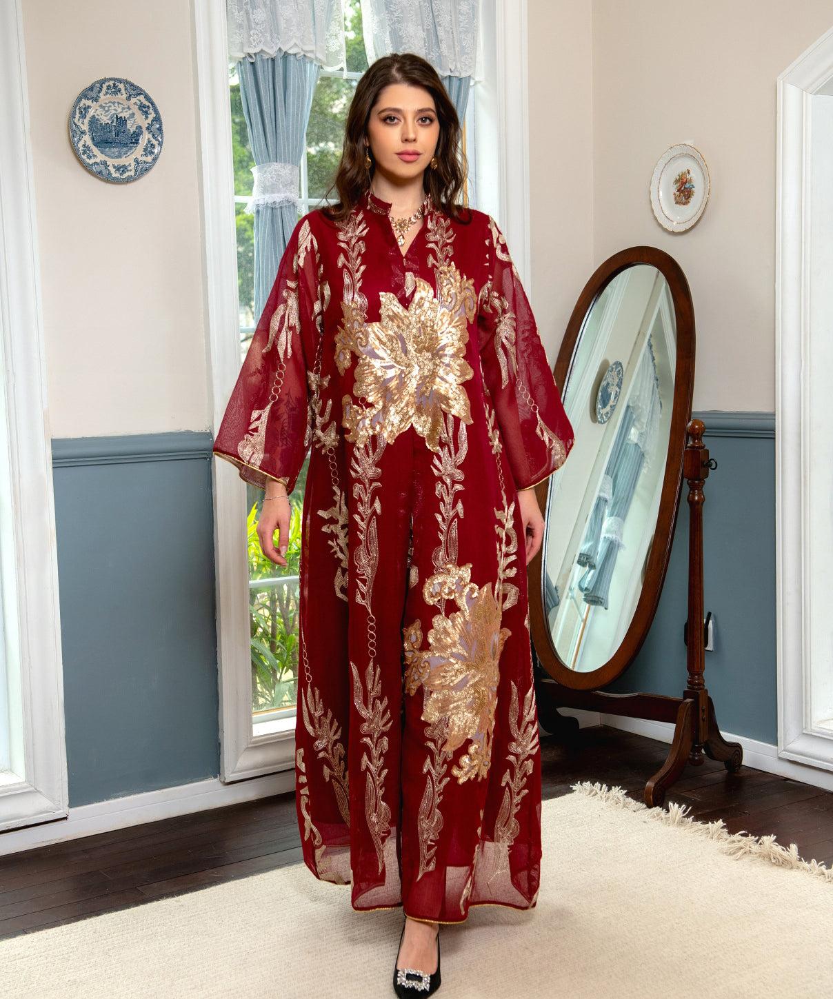 Women's Golden Bead Embroidered Jalabiya