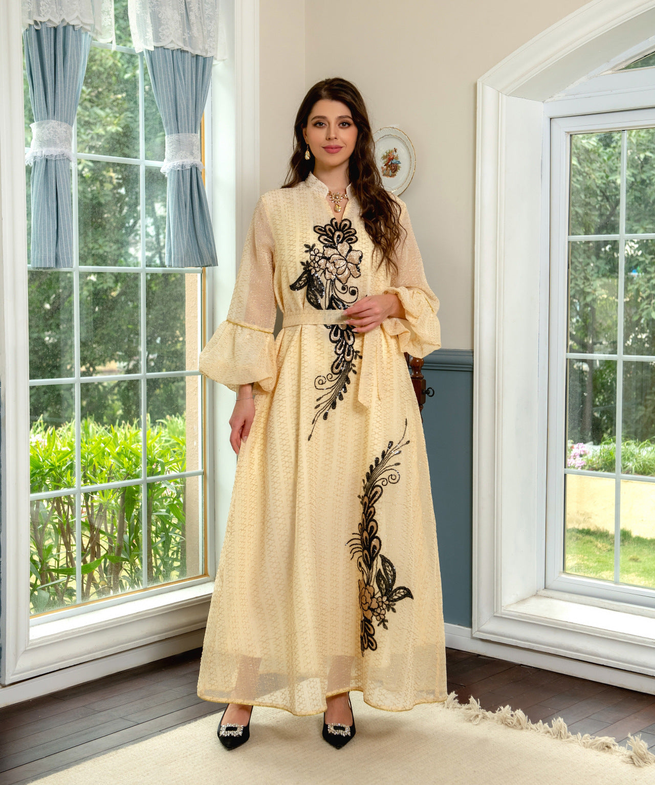 V-Neck Embroidered Long Sleeve Lace-Up Dress