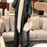 طقم فستان بلون واحد من قطعتين من الساتان اللامع المزين بالخرز