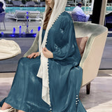 طقم فستان بلون واحد من قطعتين من الساتان اللامع المزين بالخرز