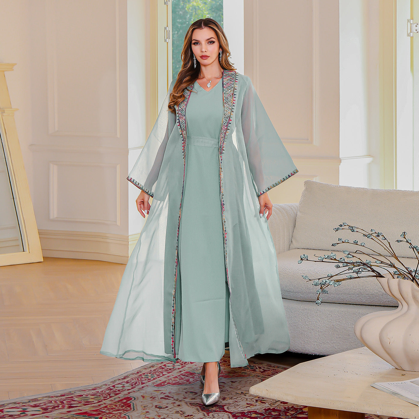OrientC Two Piece Dress Embroidered Mesh Abaya SMT146