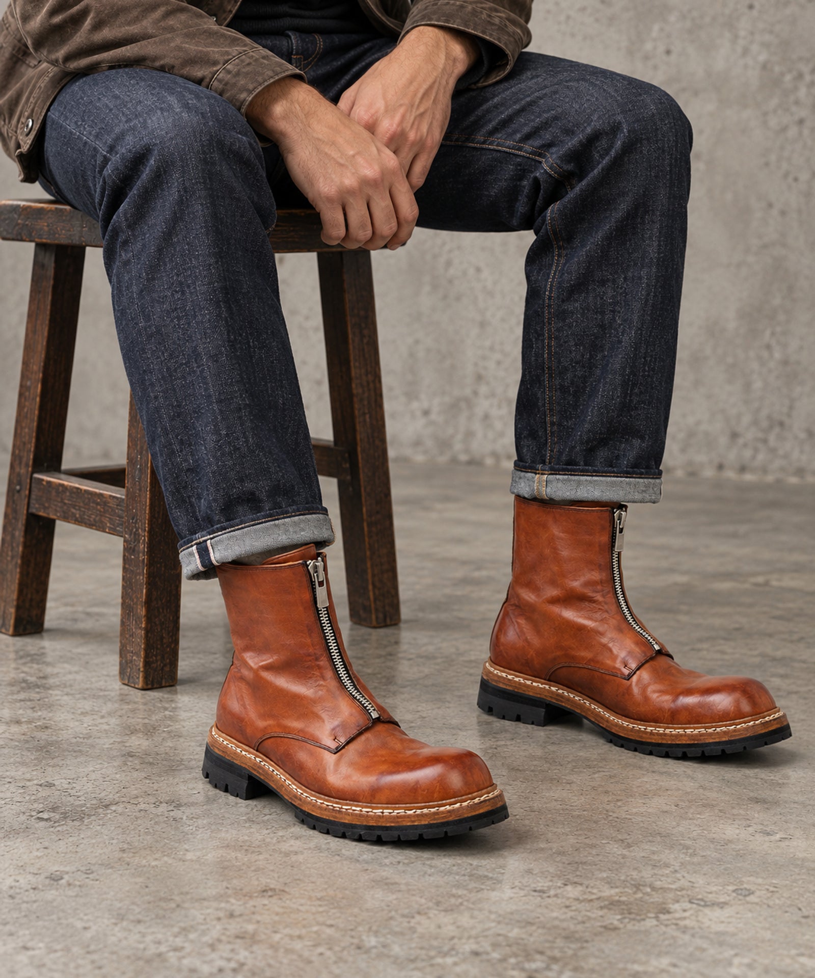 GR05 Coffee washed horsehide boots worn with indigo denim