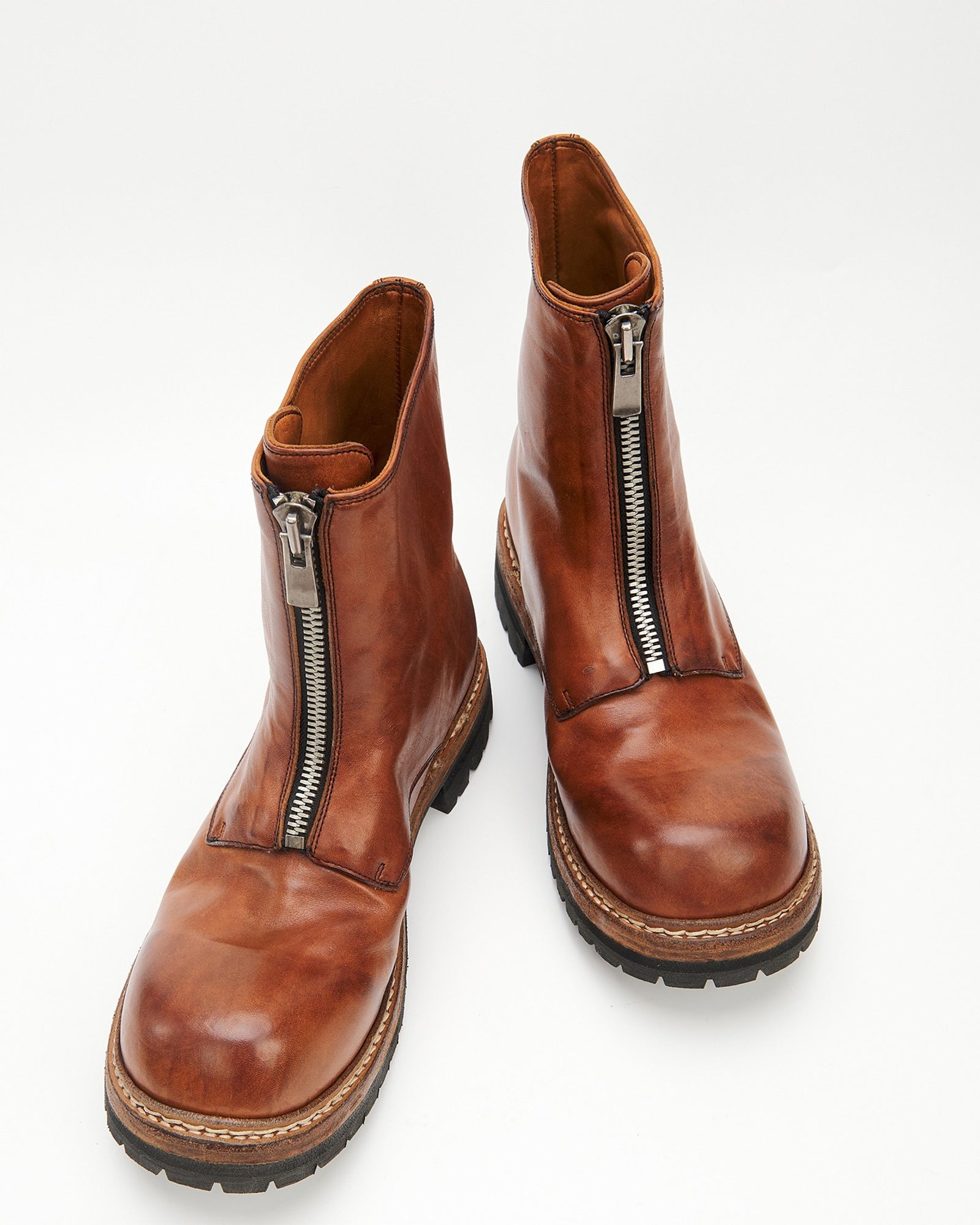 GR05 Coffee front-zip horsehide boots, front angle
