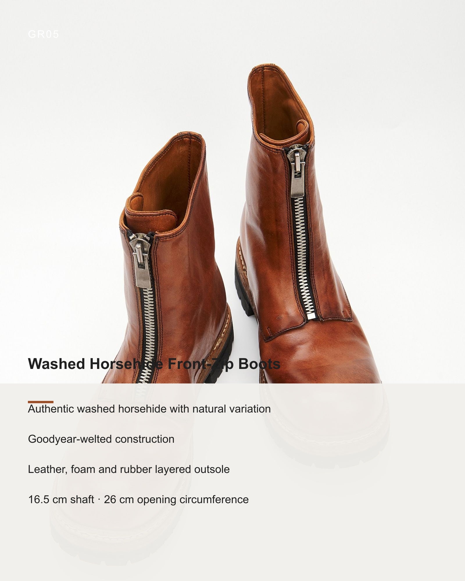 GR05 washed horsehide front-zip boot construction details