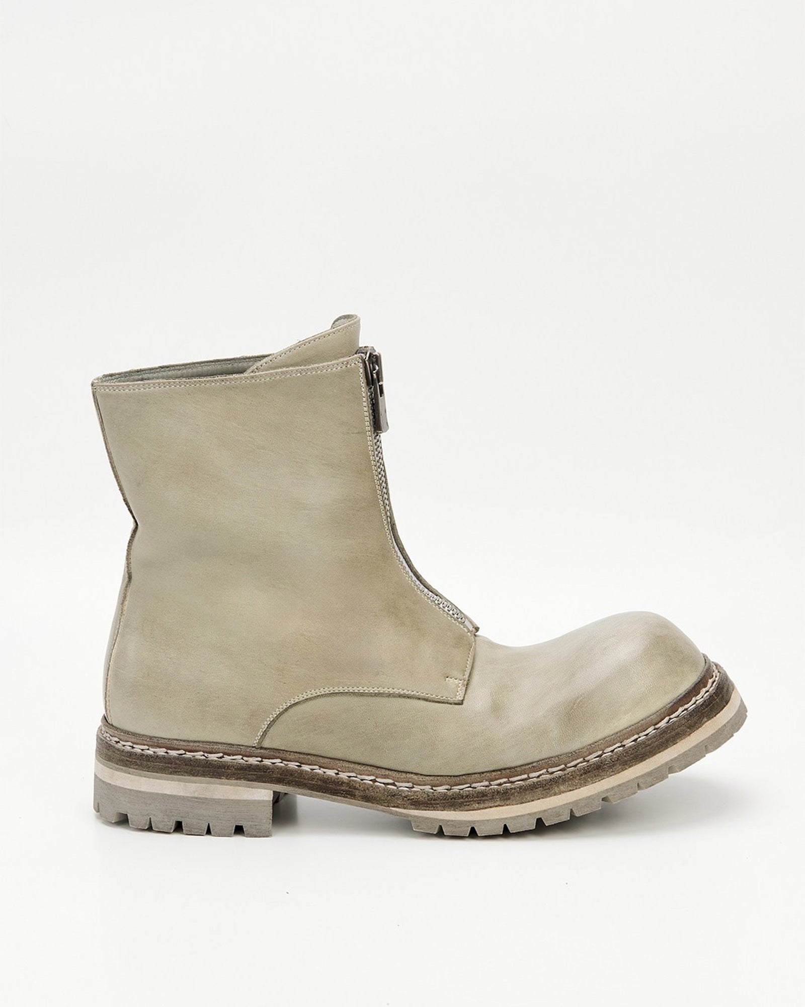 GR05 Glacier Gray washed horsehide front-zip boot, side view