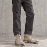 GR05 Glacier Gray washed horsehide boots worn with charcoal trousers