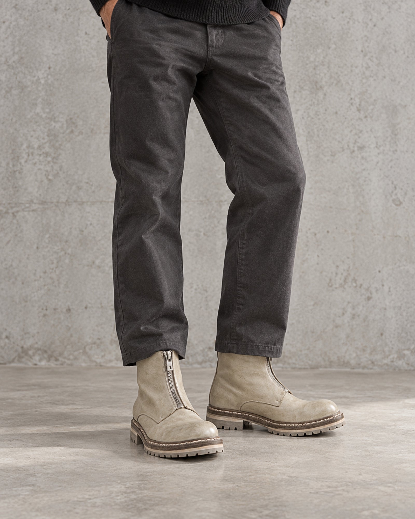 GR05 Glacier Gray washed horsehide boots worn with charcoal trousers