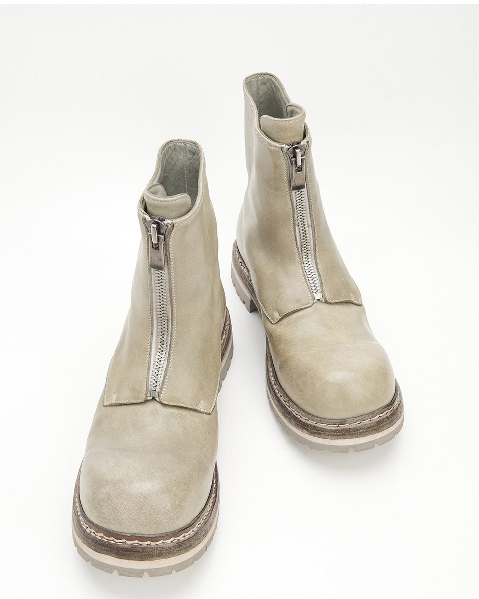 GR05 Glacier Gray front-zip horsehide boots, front angle