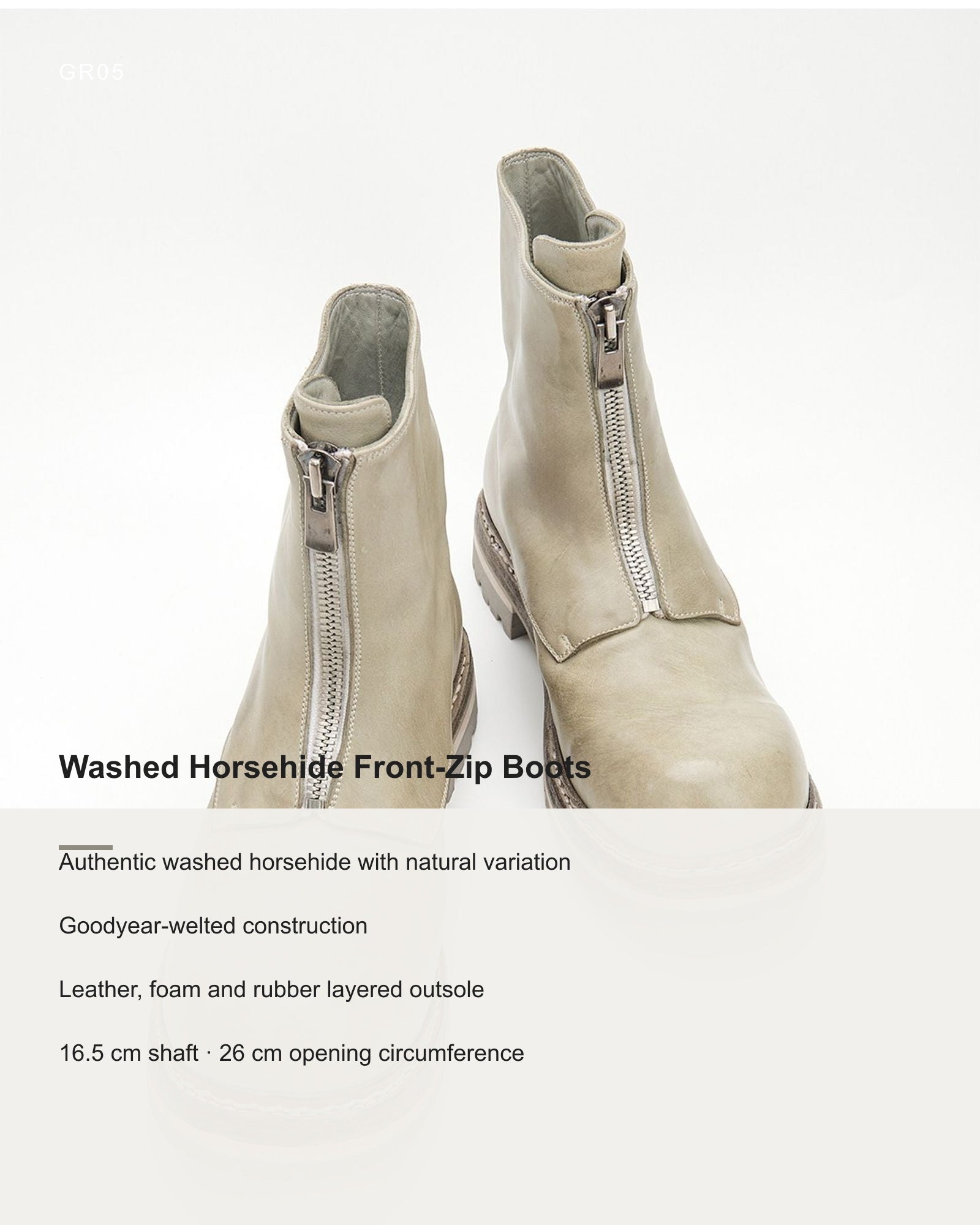 GR05 Glacier Gray washed horsehide boot construction details