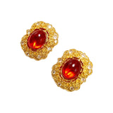 “Liu Fang Hong Zhang”Vintage WEST Label Earclip Red Glass JA004