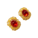 “Liu Fang Hong Zhang”Vintage WEST Label Earclip Red Glass JA004