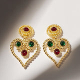 "Glass Heart Flame"Vintage red green glass  clip on earrings heart JA001