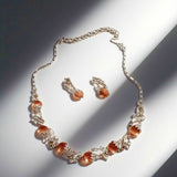 Vintage melon vine pink glass studded with diamond earrings necklace set JA039