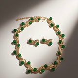 Vintage Green Ribbon Glass Earnail Necklace Set JA041