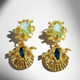 Mermaid Hime Shell Green Chapalli Glass Earrings Earclip JA019