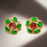 Red and green two-color glass splicing flower ear clip JA002