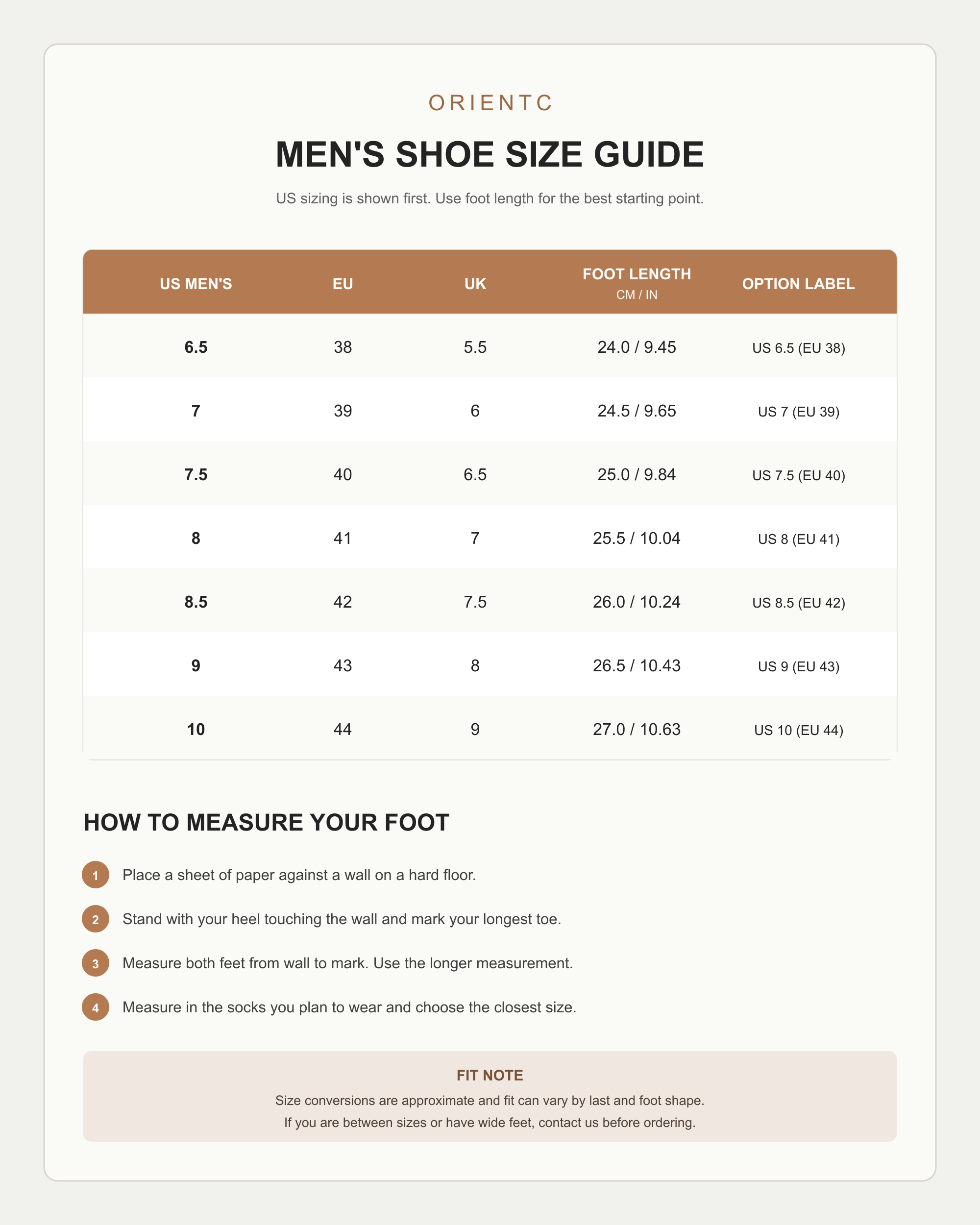 OrientC men's shoe size chart: US 6.5–10, EU 38–44, foot length guide